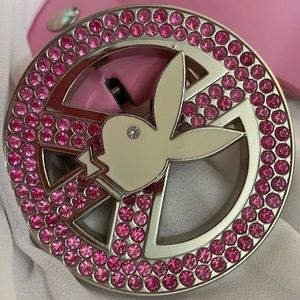 💥RARE💥Y2K Pink Rhinestone Bling Peace Sign Hippie Playboy Belt Buckle Pink Belt